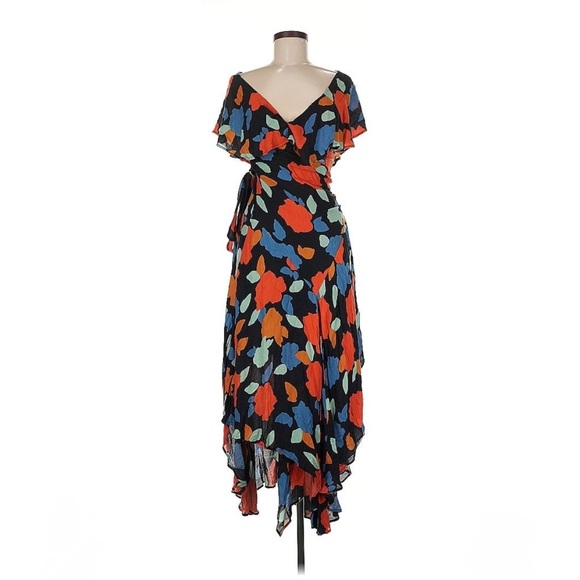 Free People Dresses & Skirts - Free People Black Maxi wrap dress with Red and Blue Floral